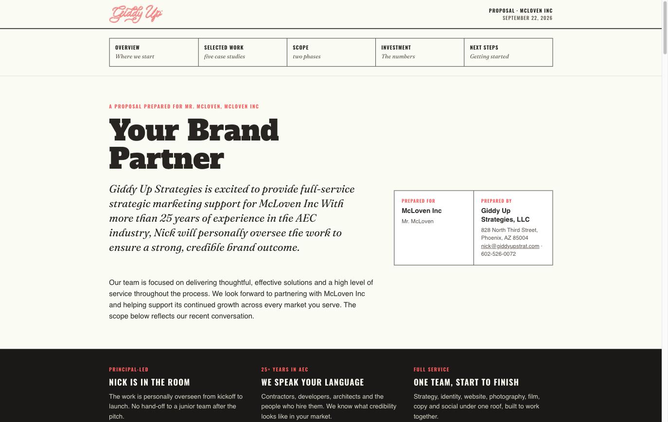RFP Builder: a generated client proposal page, live on the web