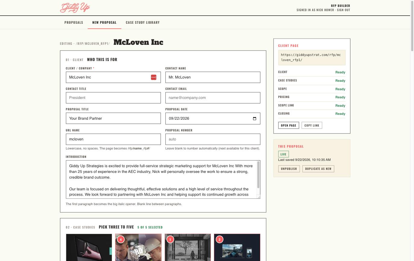 RFP Builder New Proposal tab, client and case study fields